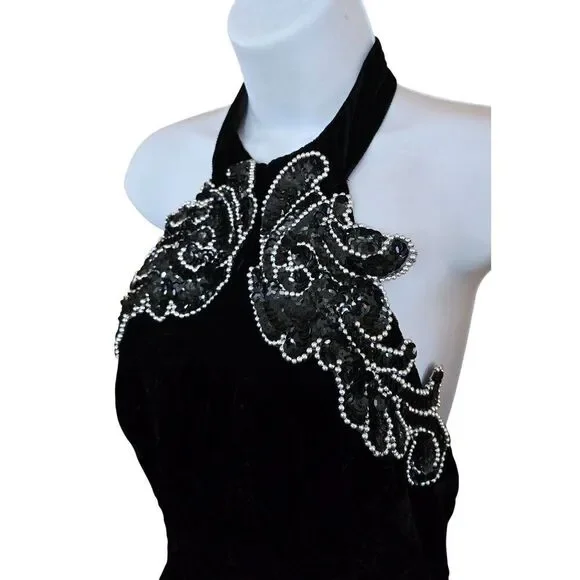Vintage Black Velvet Halter Dress W/ Bead Sequin Detail whimsygoth elegant glam - Picture 7 of 14